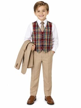 1980s Billy The Kid Boys Khaki Suit Set Jacket Vest Size 8 USA